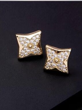 Gold Crystal Floral Square Stud Earrings - Women Jewelry